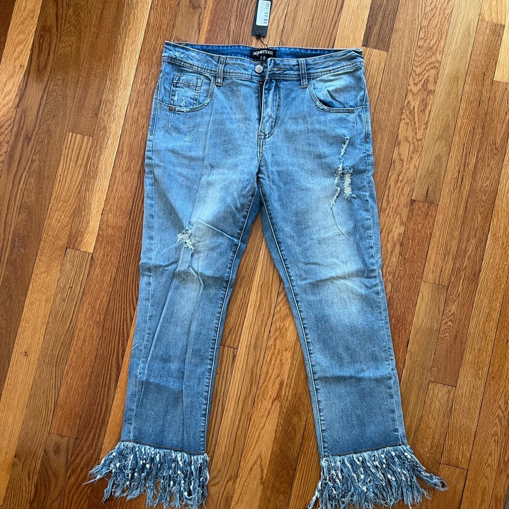 Stylish Blue Frayed Hem Women's Jeans